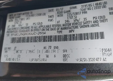 2017 Ford Escape Se из США, поврежденный, VIN 1FMCU9G93HUC52514